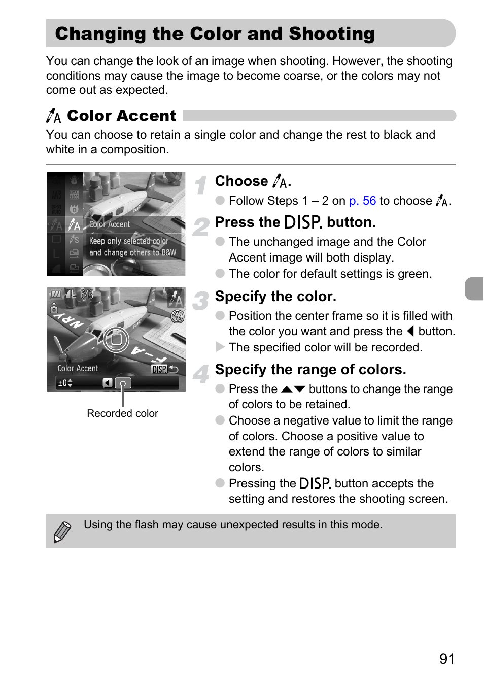 Changing the color and shooting, P. 91), Or color | T color accent, Choose t, Press the l button, Specify the color, Specify the range of colors | Canon IXUS 120 IS User Manual | Page 91 / 161