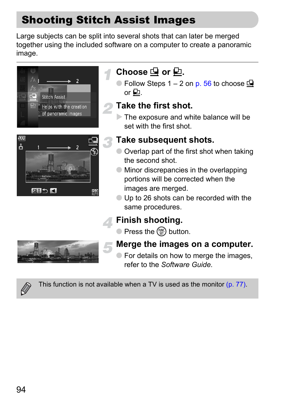 Shooting stitch assist images, P. 94), Choose x or v | Take the first shot, Take subsequent shots, Finish shooting, Merge the images on a computer | Canon IXUS 120 IS User Manual | Page 94 / 161