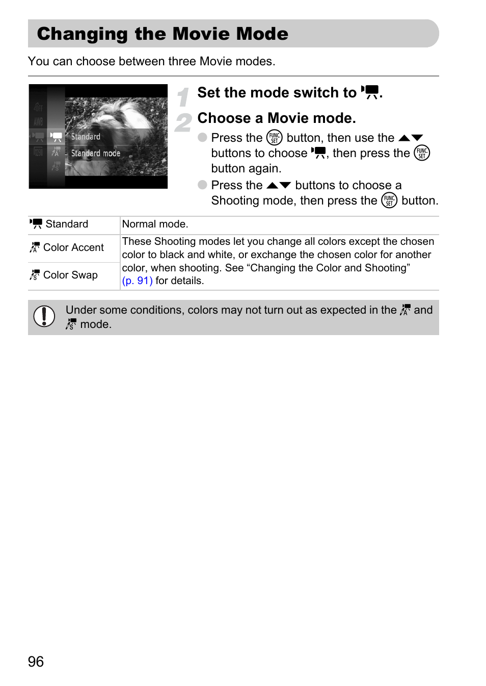 Changing the movie mode, Set the mode switch to e . choose a movie mode | Canon IXUS 120 IS User Manual | Page 96 / 161