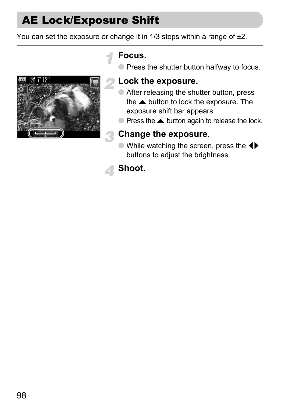 Ae lock/exposure shift, P. 98) | Canon IXUS 120 IS User Manual | Page 98 / 161