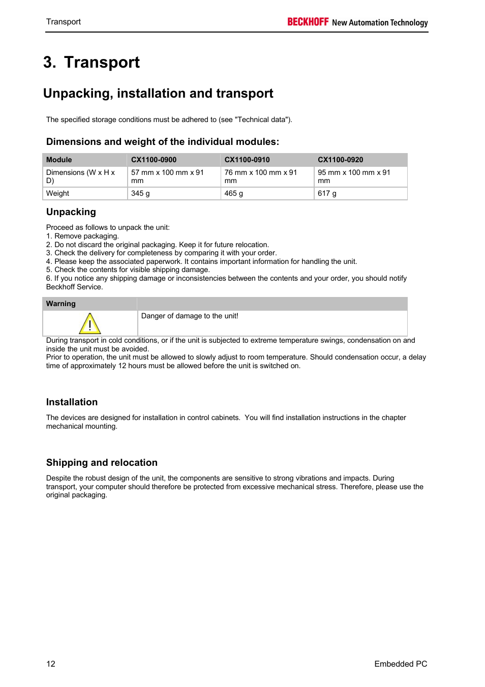 Transport, Unpacking, installation and transport | BECKHOFF CX1100-09xx UPS User Manual | Page 14 / 44