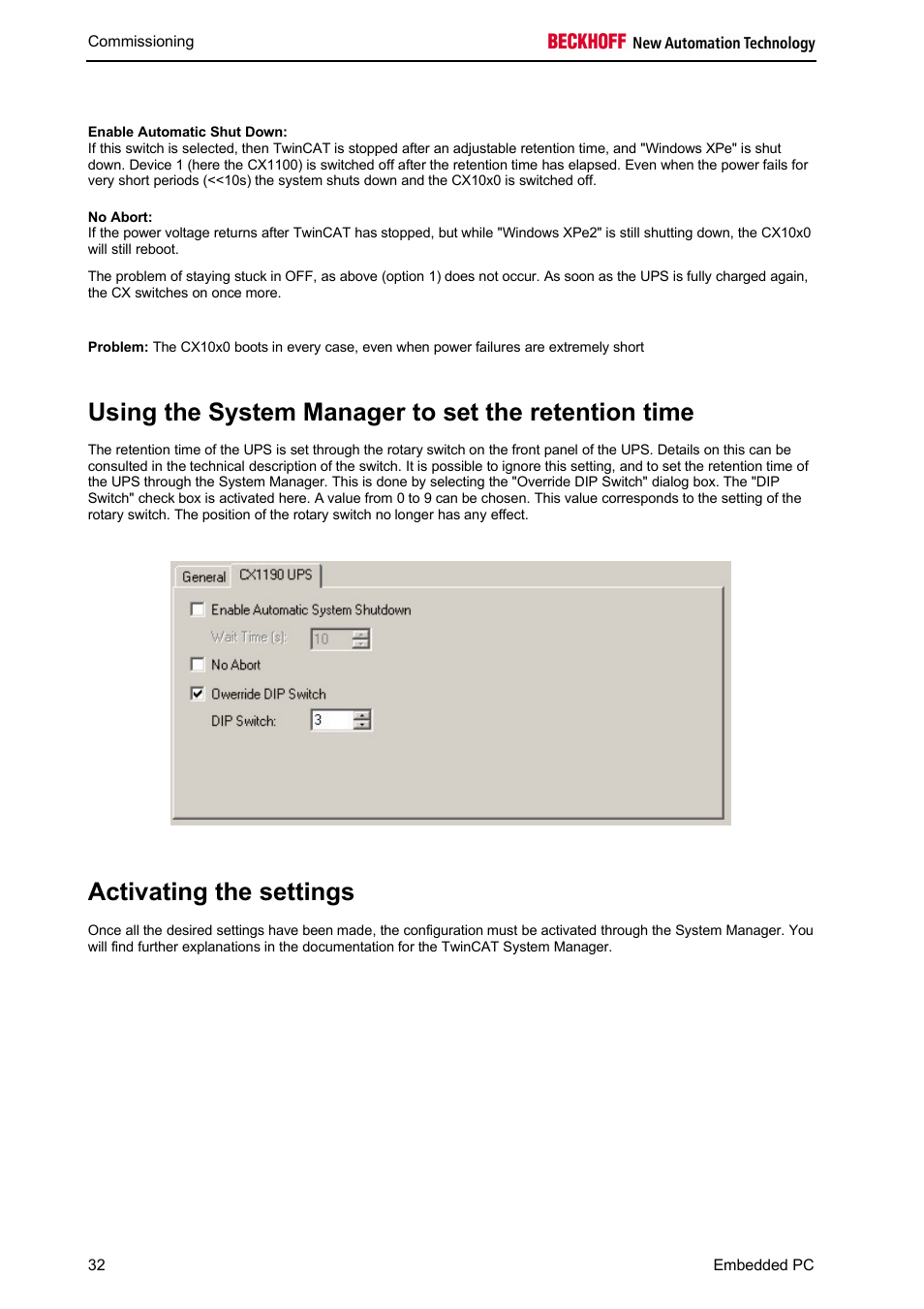 Using the system manager to set the retention time, Activating the settings | BECKHOFF CX1100-09xx UPS User Manual | Page 34 / 44