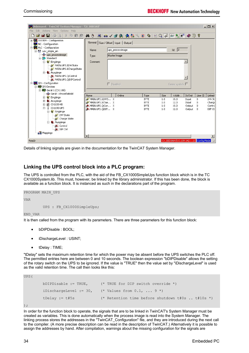 Linking the ups control block into a plc program | BECKHOFF CX1100-09xx UPS User Manual | Page 36 / 44