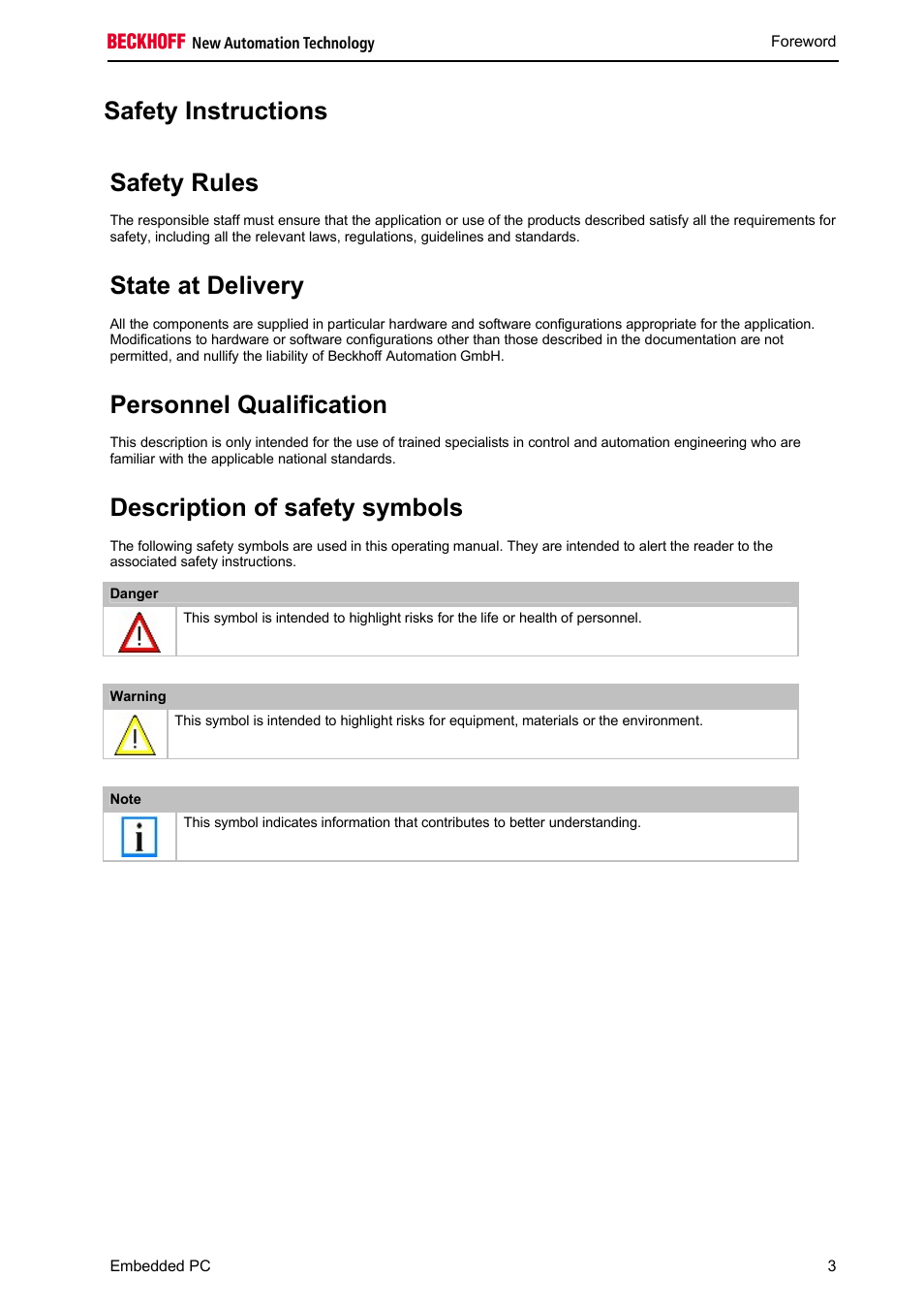 Safety instructions safety rules, State at delivery, Personnel qualification | Description of safety symbols | BECKHOFF CX1100-09xx UPS User Manual | Page 5 / 44