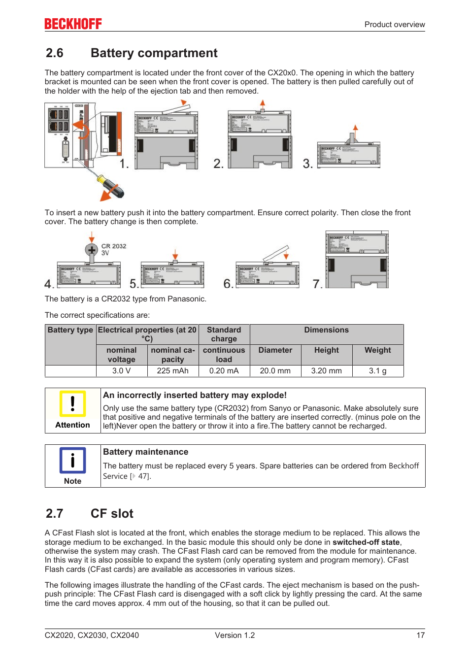 6 battery compartment, 7 cf slot | BECKHOFF CX2020 User Manual | Page 17 / 47