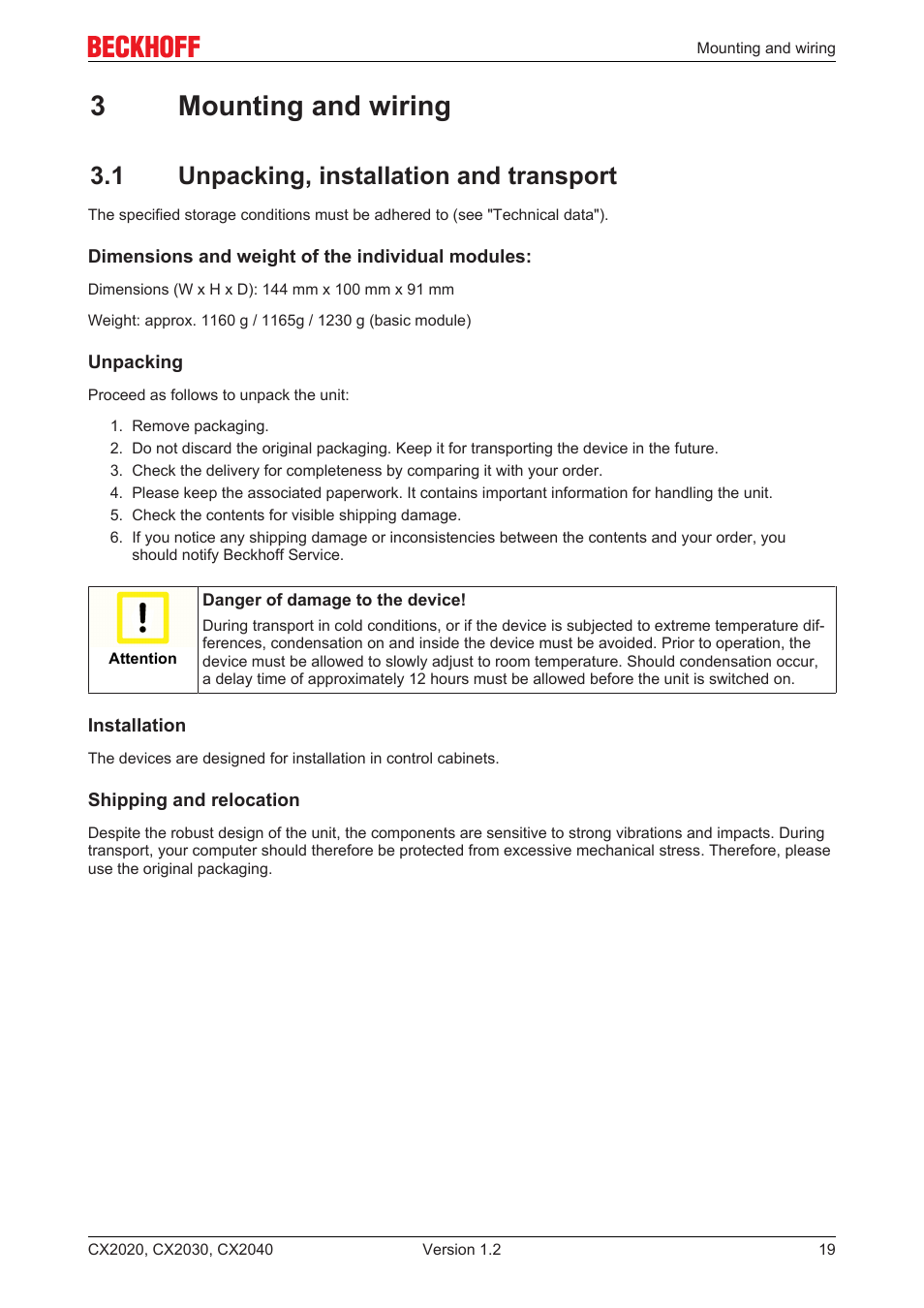 3 mounting and wiring, 1 unpacking, installation and transport, 3mounting and wiring | BECKHOFF CX2020 User Manual | Page 19 / 47