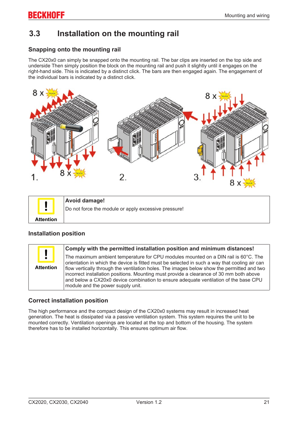 3 installation on the mounting rail | BECKHOFF CX2020 User Manual | Page 21 / 47