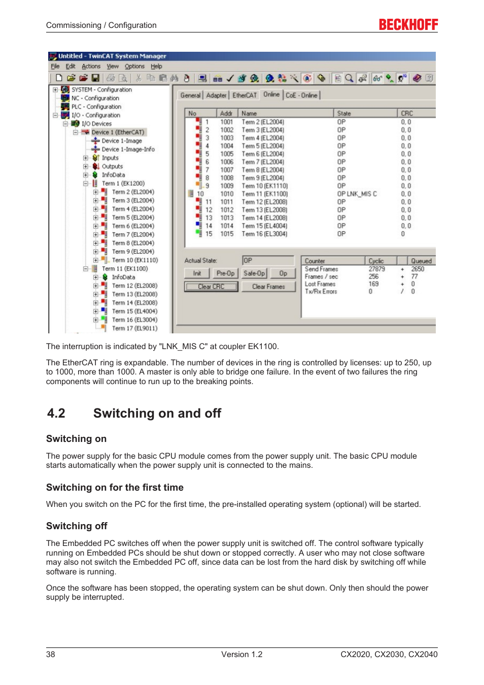 2 switching on and off | BECKHOFF CX2020 User Manual | Page 38 / 47