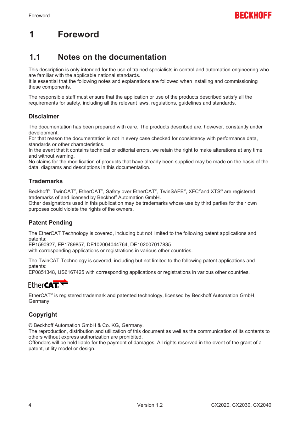 1 foreword, 1 notes on the documentation, 1foreword | BECKHOFF CX2020 User Manual | Page 4 / 47