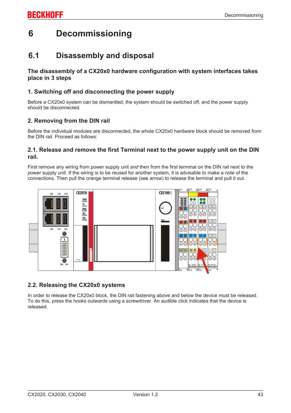 6 decommissioning, 1 disassembly and disposal, 6decommissioning | BECKHOFF CX2020 User Manual | Page 43 / 47