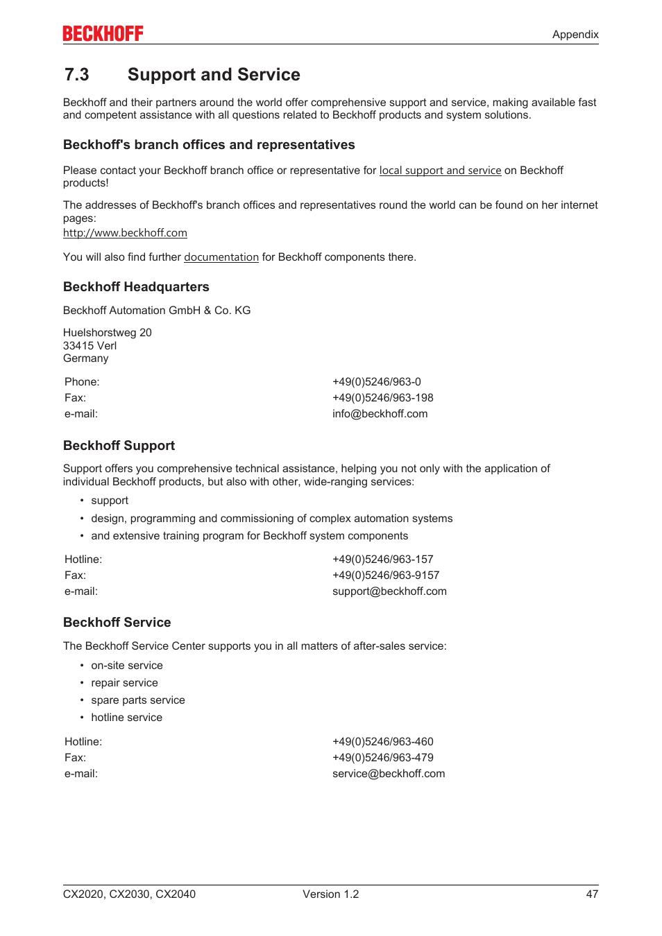 3 support and service | BECKHOFF CX2020 User Manual | Page 47 / 47