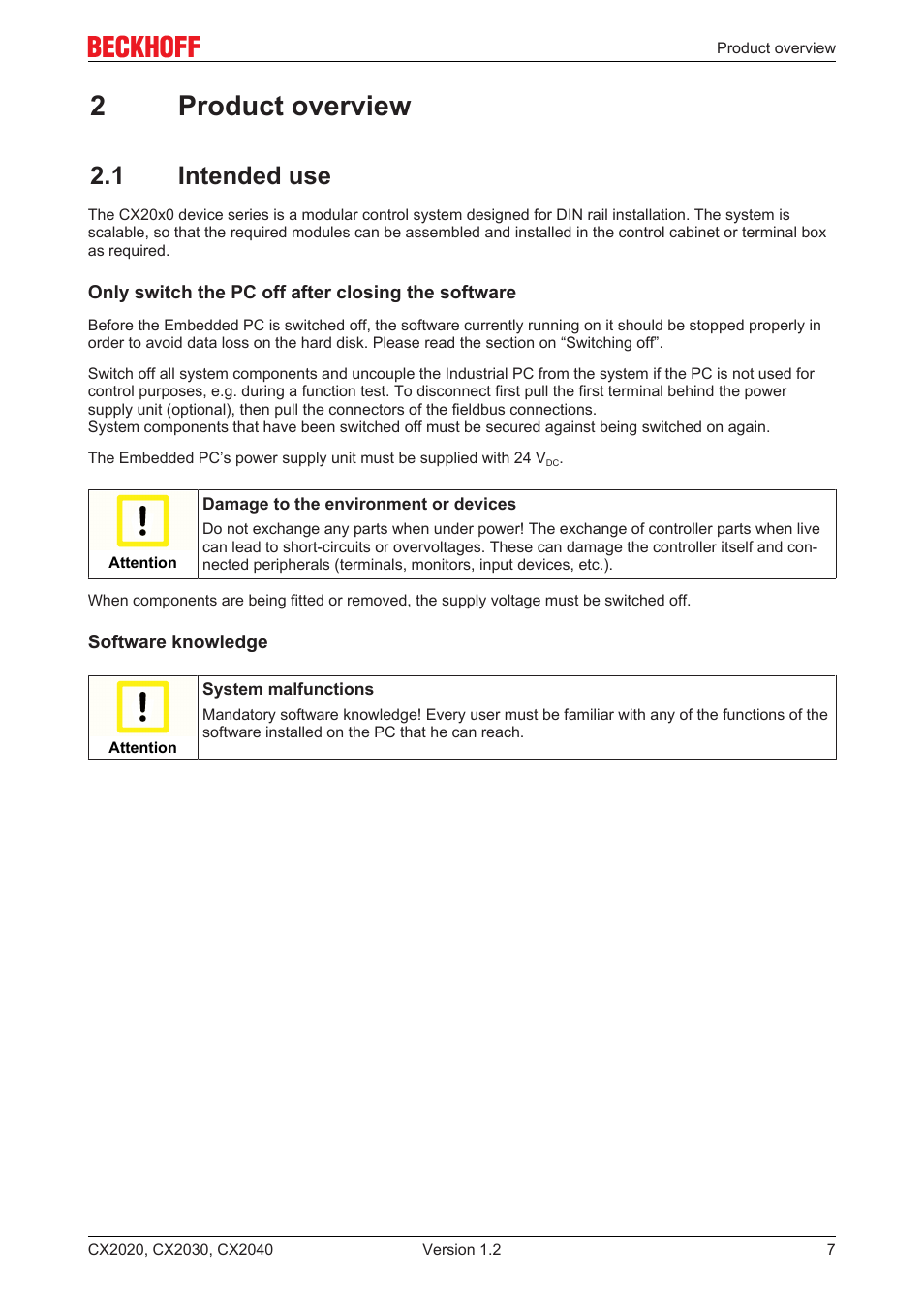 2 product overview, 1 intended use, 2product overview | BECKHOFF CX2020 User Manual | Page 7 / 47