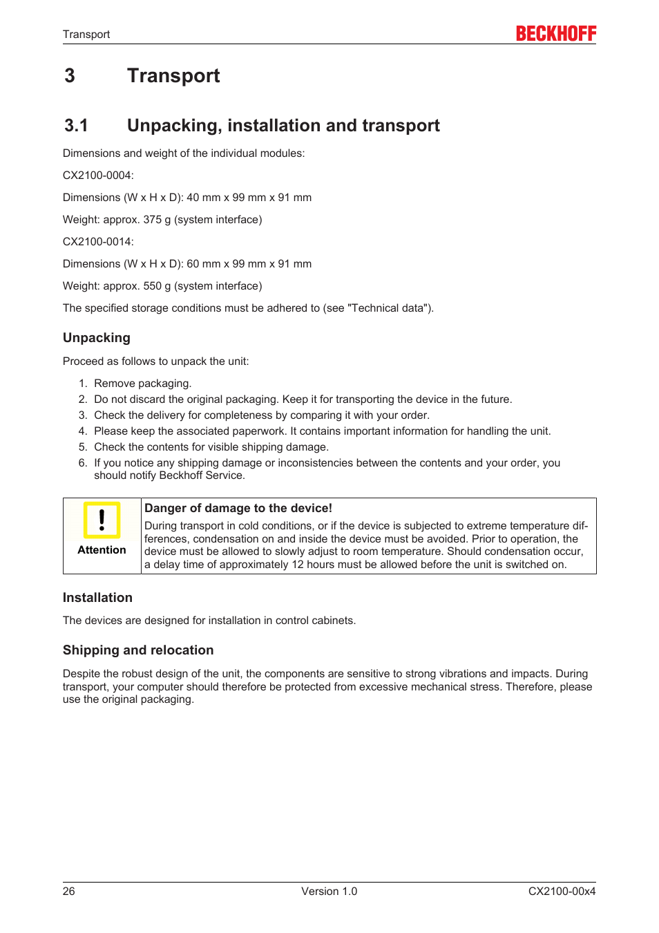 3 transport, 1 unpacking, installation and transport, 3transport | BECKHOFF CX2100­00x4 User Manual | Page 26 / 45