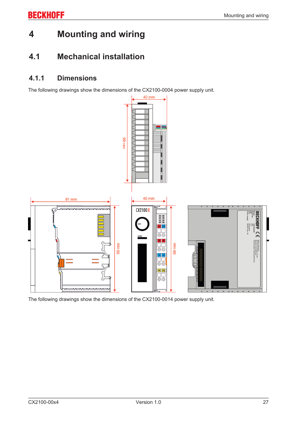 4 mounting and wiring, 1 mechanical installation, 1 dimensions | 4mounting and wiring | BECKHOFF CX2100­00x4 User Manual | Page 27 / 45