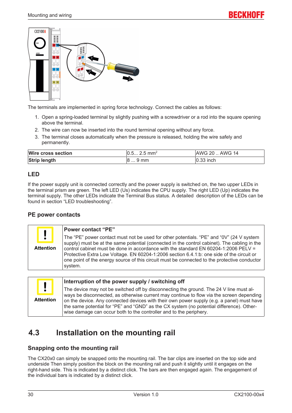 3 installation on the mounting rail | BECKHOFF CX2100­00x4 User Manual | Page 30 / 45