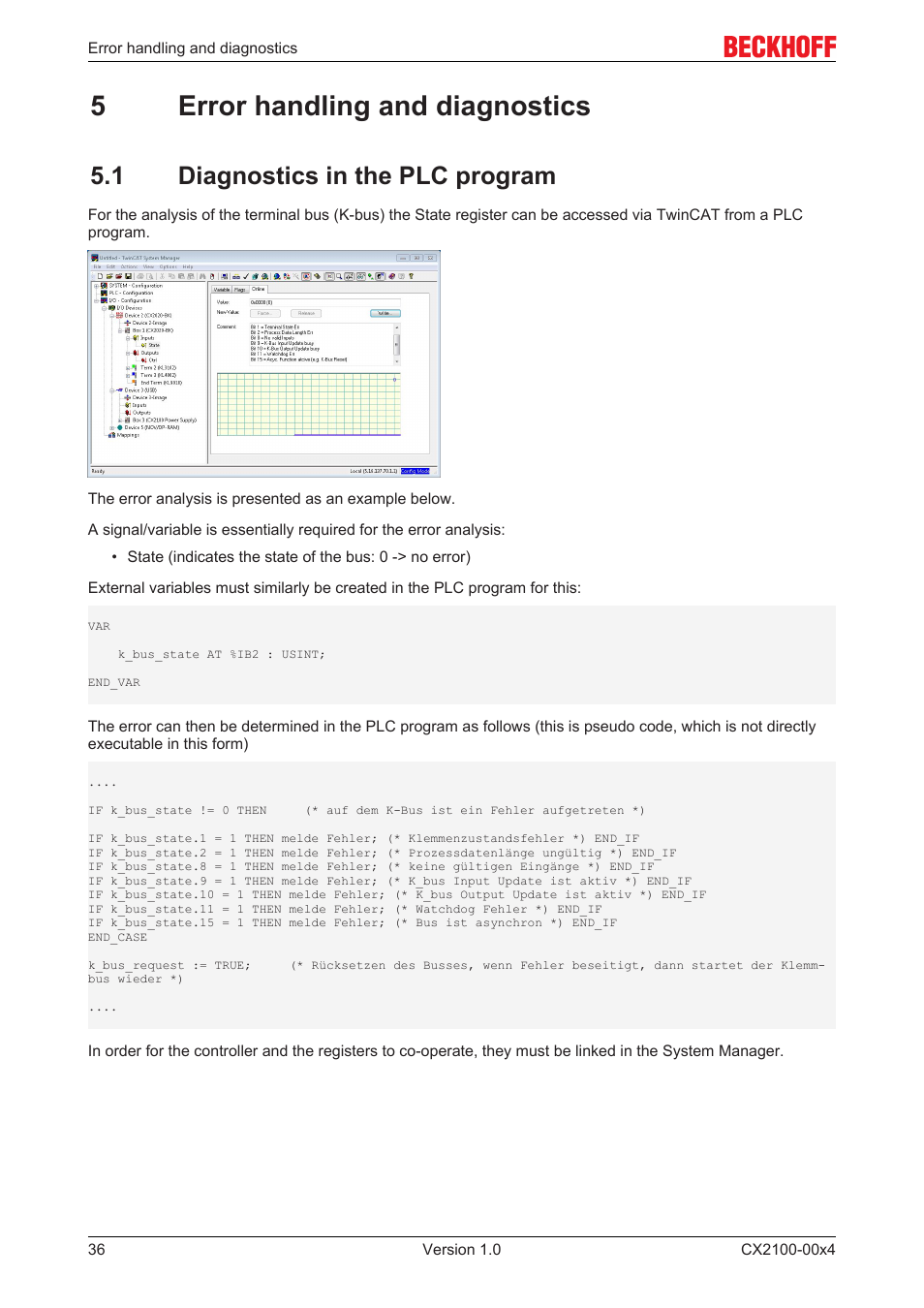 5 error handling and diagnostics, 1 diagnostics in the plc program, 5error handling and diagnostics | BECKHOFF CX2100­00x4 User Manual | Page 36 / 45