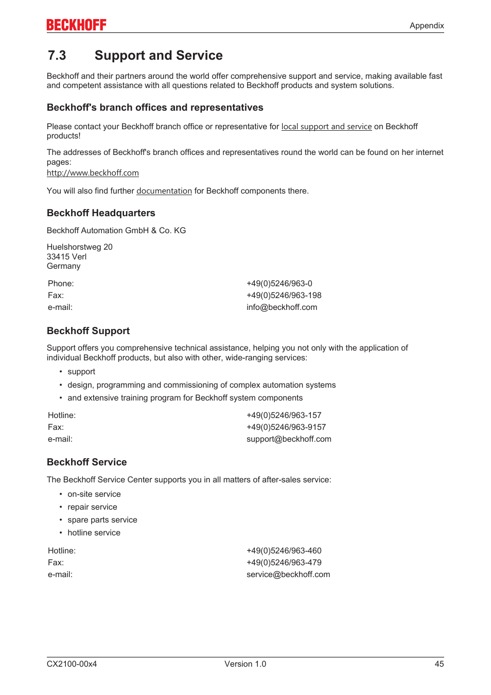 3 support and service | BECKHOFF CX2100­00x4 User Manual | Page 45 / 45