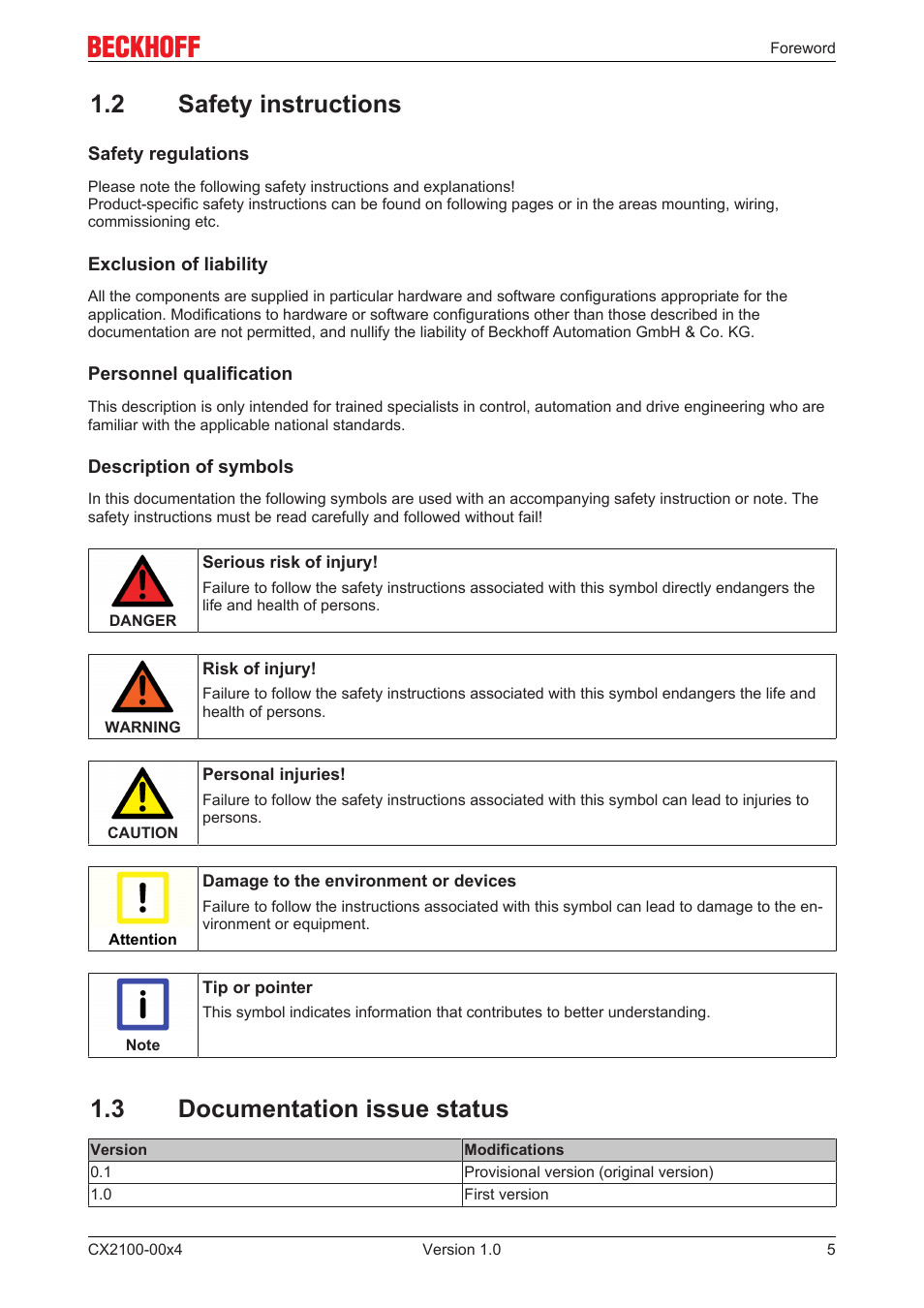 2 safety instructions, 3 documentation issue status | BECKHOFF CX2100­00x4 User Manual | Page 5 / 45