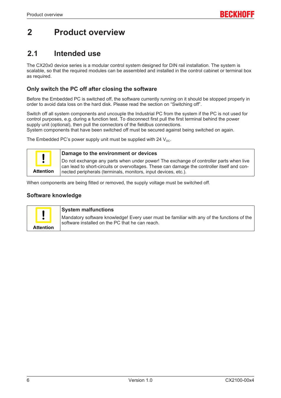 2 product overview, 1 intended use, 2product overview | BECKHOFF CX2100­00x4 User Manual | Page 6 / 45