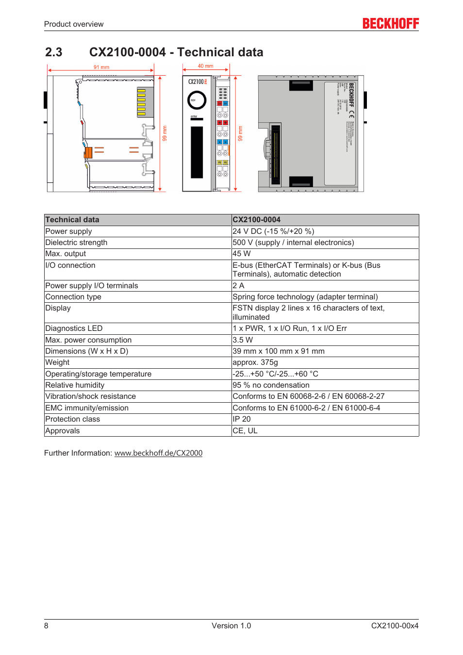 3 cx2100-0004 - technical data | BECKHOFF CX2100­00x4 User Manual | Page 8 / 45