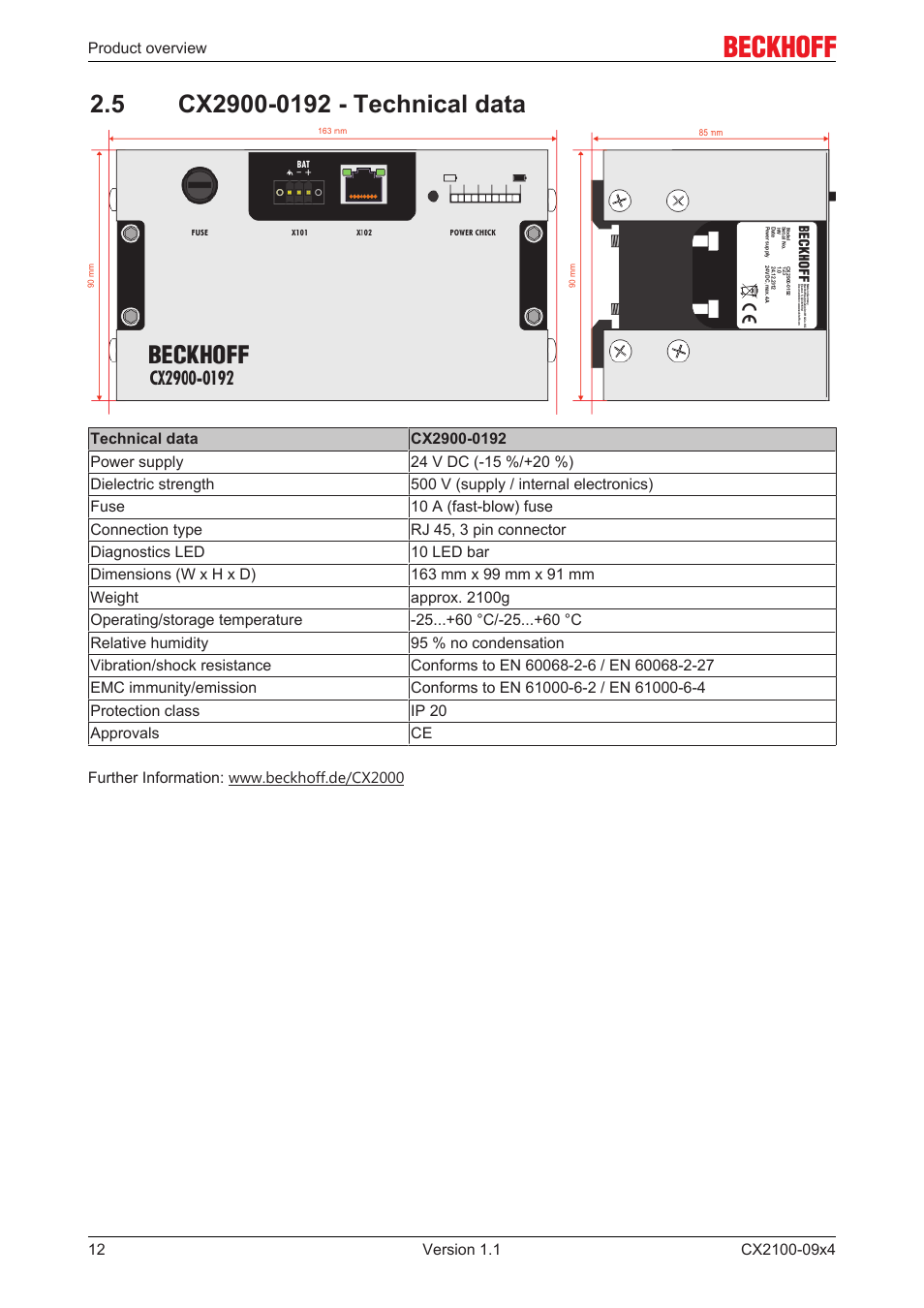 5 cx2900-0192 - technical data | BECKHOFF CX2100­09x4 User Manual | Page 12 / 87