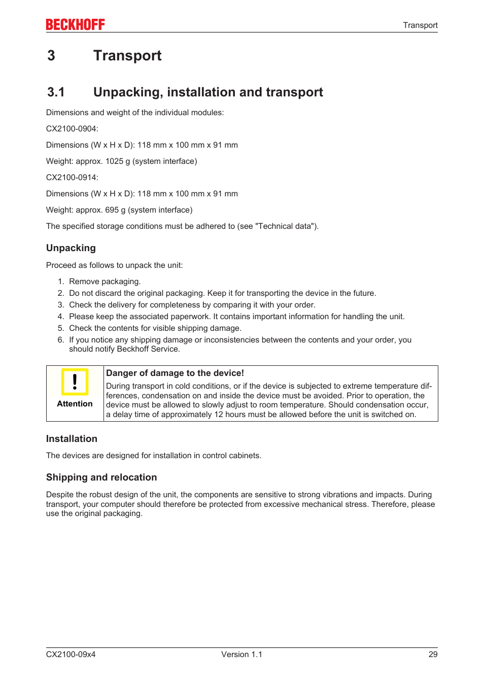 3 transport, 1 unpacking, installation and transport, 3transport | BECKHOFF CX2100­09x4 User Manual | Page 29 / 87