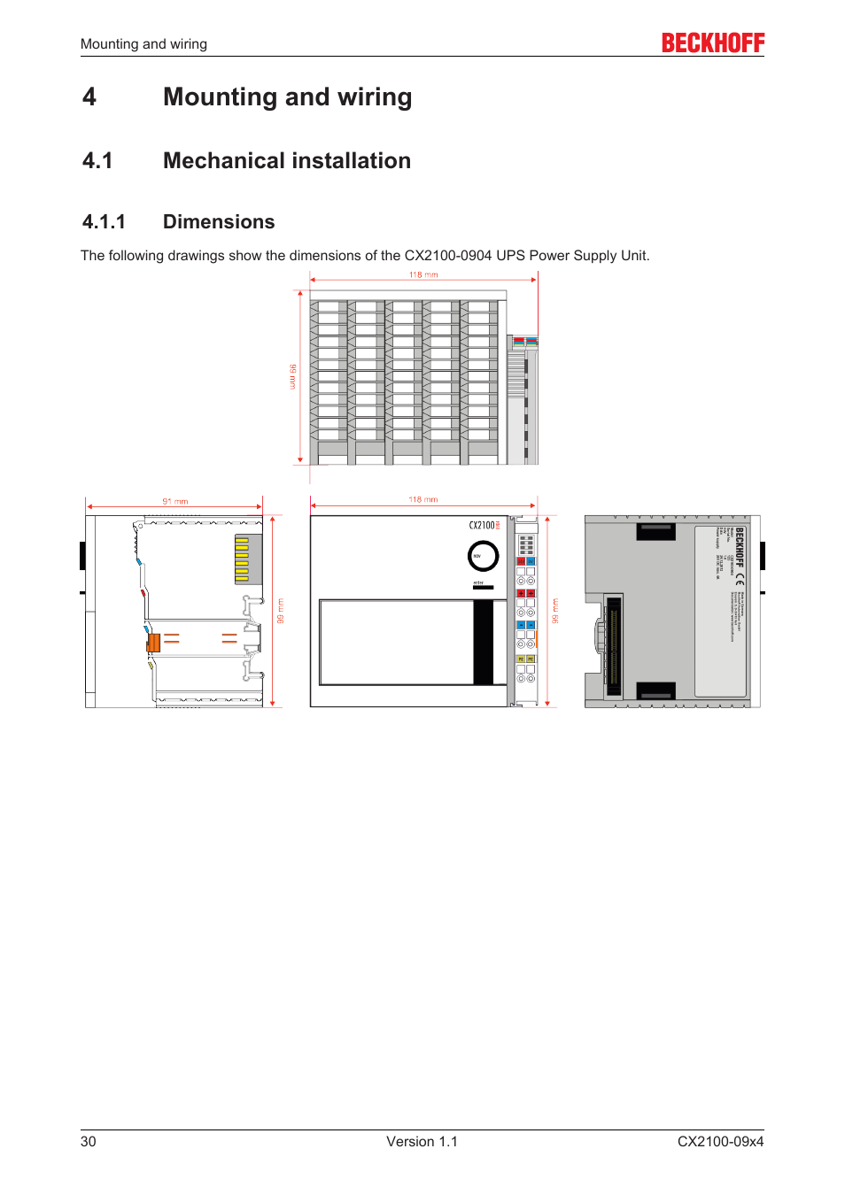 4 mounting and wiring, 1 mechanical installation, 1 dimensions | 4mounting and wiring | BECKHOFF CX2100­09x4 User Manual | Page 30 / 87