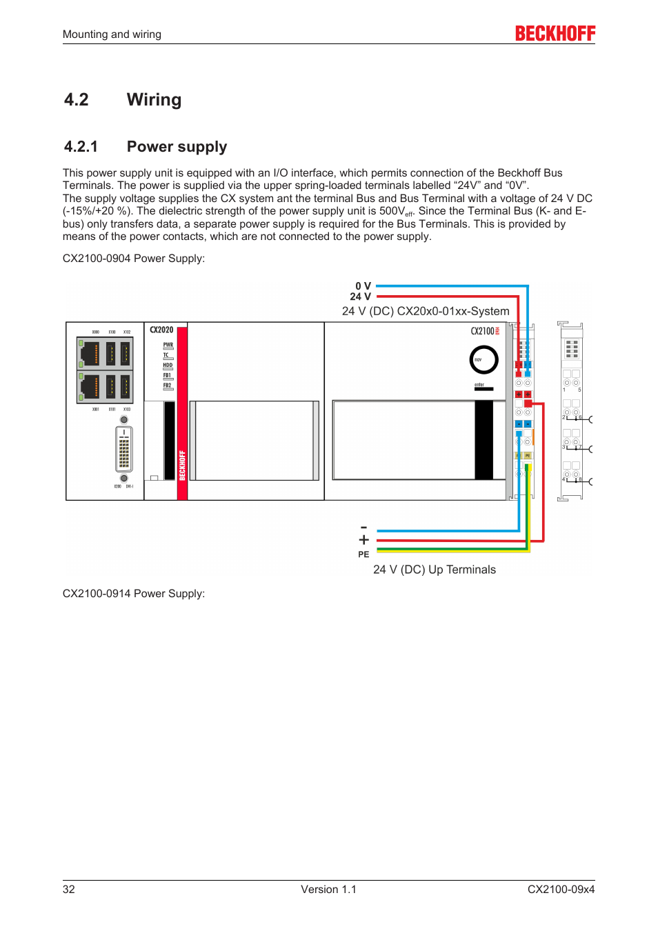 2 wiring, 1 power supply | BECKHOFF CX2100­09x4 User Manual | Page 32 / 87