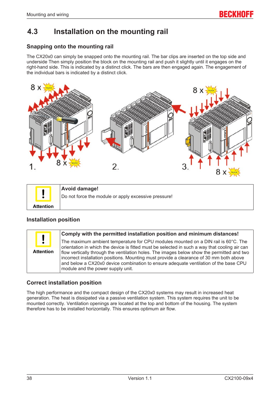 3 installation on the mounting rail | BECKHOFF CX2100­09x4 User Manual | Page 38 / 87