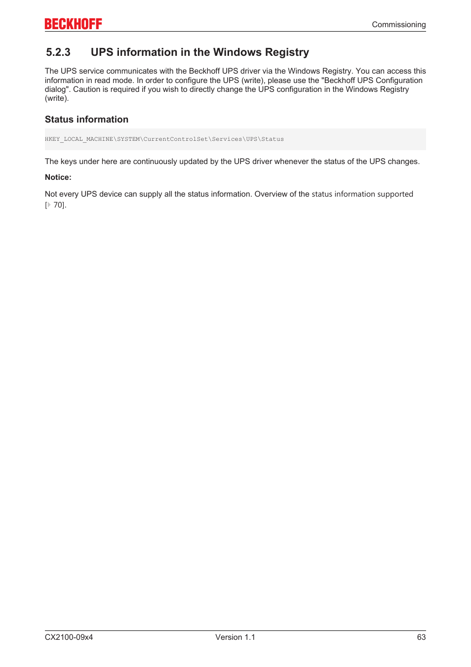 3 ups information in the windows registry | BECKHOFF CX2100­09x4 User Manual | Page 63 / 87