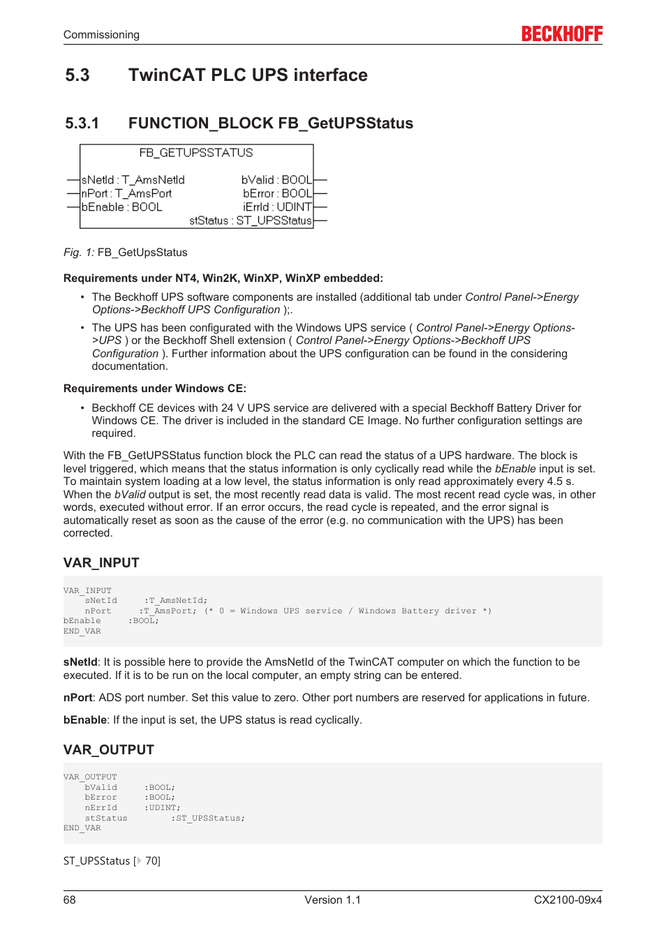 3 twincat plc ups interface, 1 function_block fb_getupsstatus | BECKHOFF CX2100­09x4 User Manual | Page 68 / 87