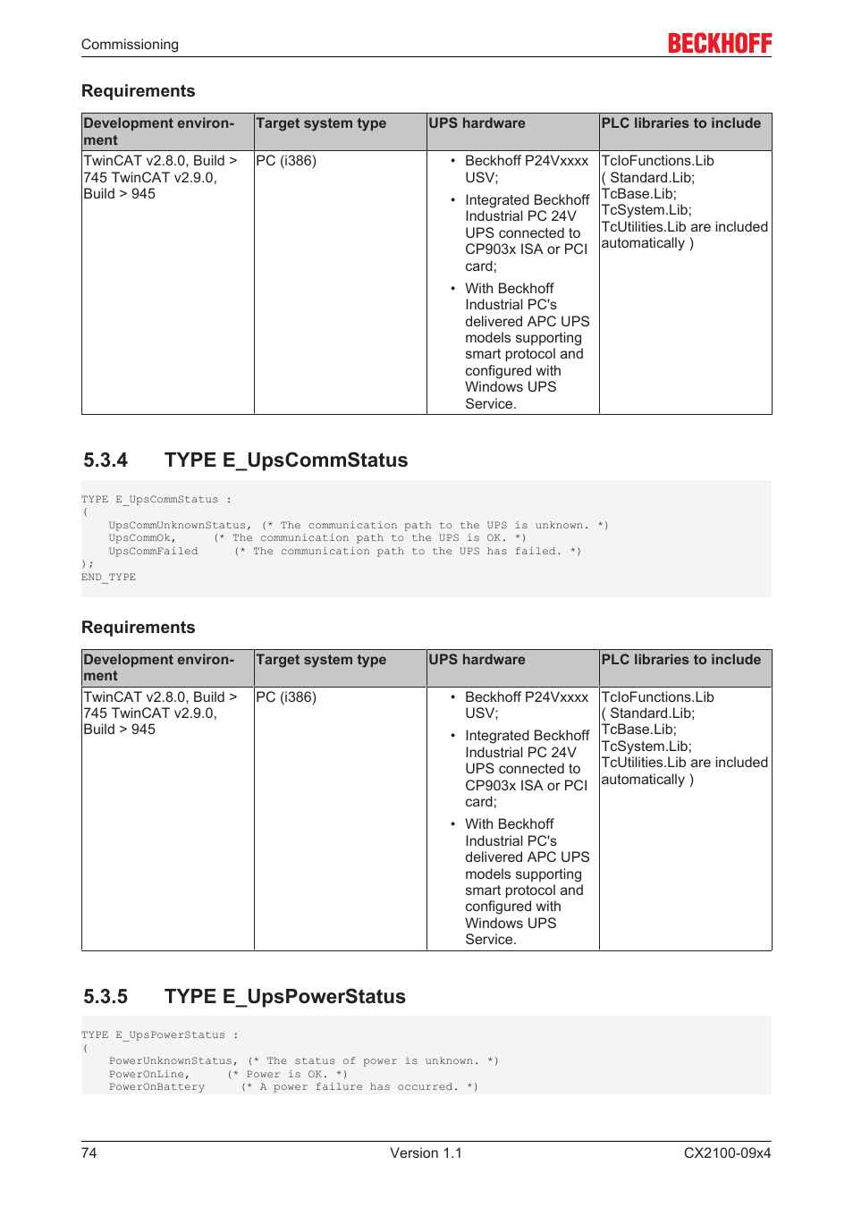 4 type e_upscommstatus, 5 type e_upspowerstatus, E_upspowerstatus | E_upscommstatus | BECKHOFF CX2100­09x4 User Manual | Page 74 / 87