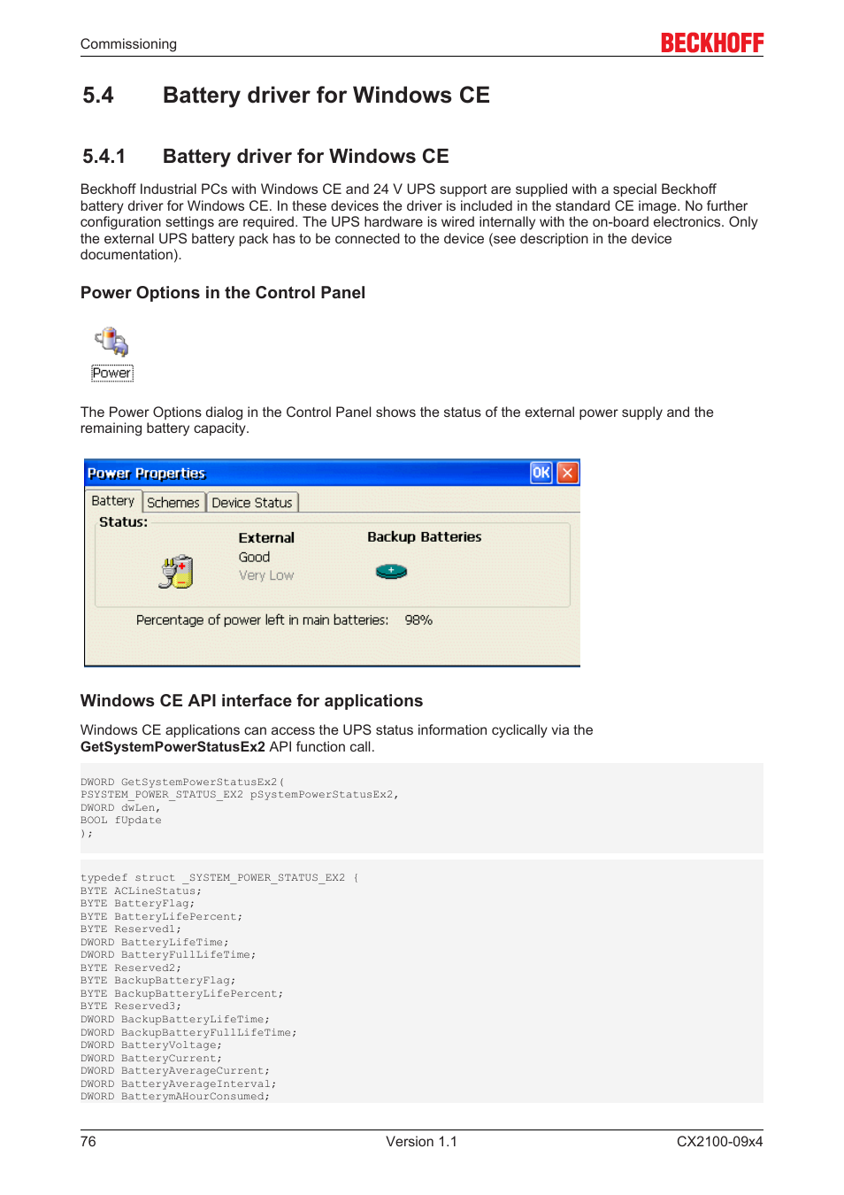 4 battery driver for windows ce, 1 battery driver for windows ce | BECKHOFF CX2100­09x4 User Manual | Page 76 / 87