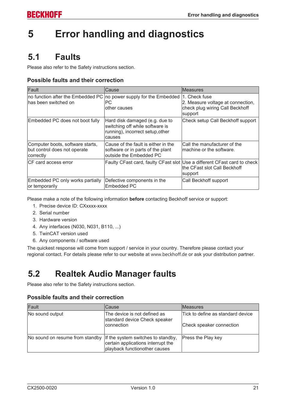 5 error handling and diagnostics, 1 faults, 2 realtek audio manager faults | 5error handling and diagnostics | BECKHOFF CX2500­0020 User Manual | Page 21 / 26