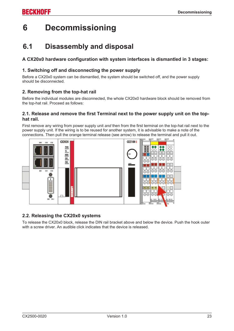 6 decommissioning, 1 disassembly and disposal, 6decommissioning | BECKHOFF CX2500­0020 User Manual | Page 23 / 26