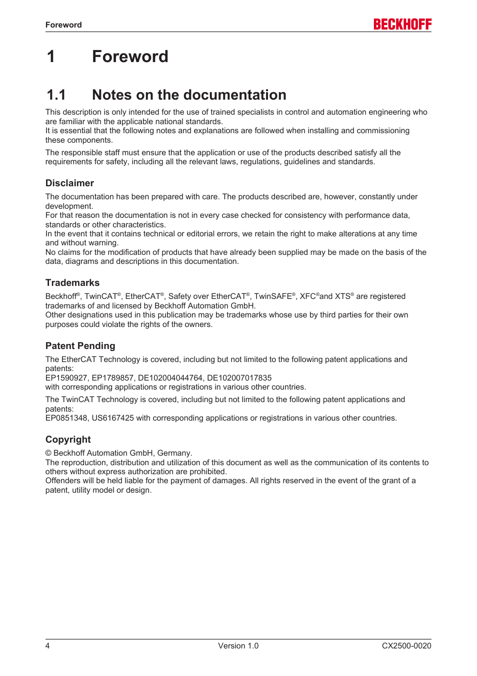 1 foreword, 1 notes on the documentation, 1foreword | BECKHOFF CX2500­0020 User Manual | Page 4 / 26