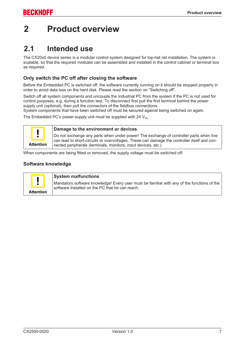 2 product overview, 1 intended use, 2product overview | BECKHOFF CX2500­0020 User Manual | Page 7 / 26