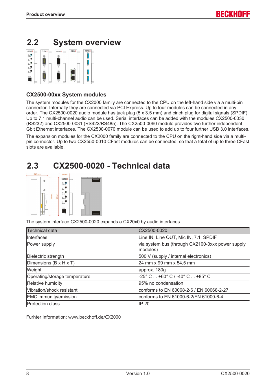 2 system overview, 3 cx2500-0020 - technical data | BECKHOFF CX2500­0020 User Manual | Page 8 / 26