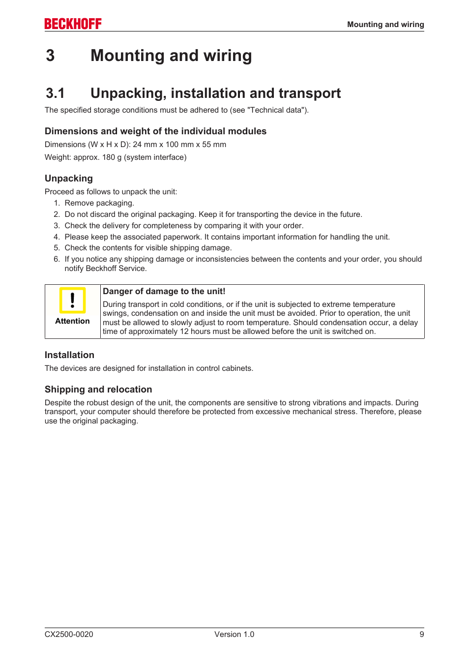 3 mounting and wiring, 1 unpacking, installation and transport, 3mounting and wiring | BECKHOFF CX2500­0020 User Manual | Page 9 / 26