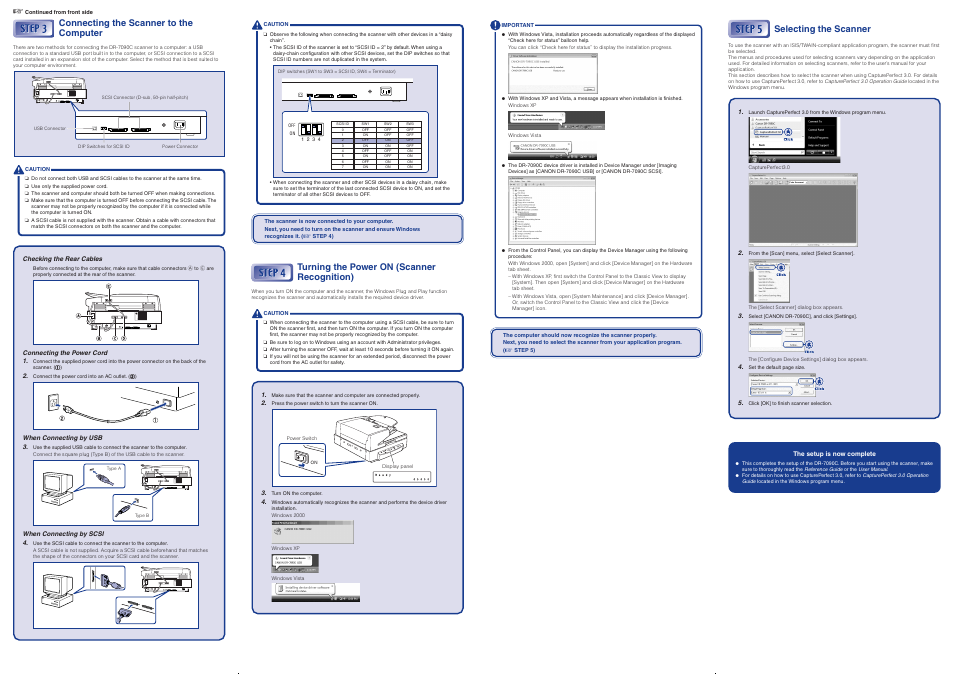 Connecting the scanner to the computer, Turning the power on (scanner recognition), Selecting the scanner | Canon IMAGEFORMULA DR-7090C User Manual | Page 2 / 2