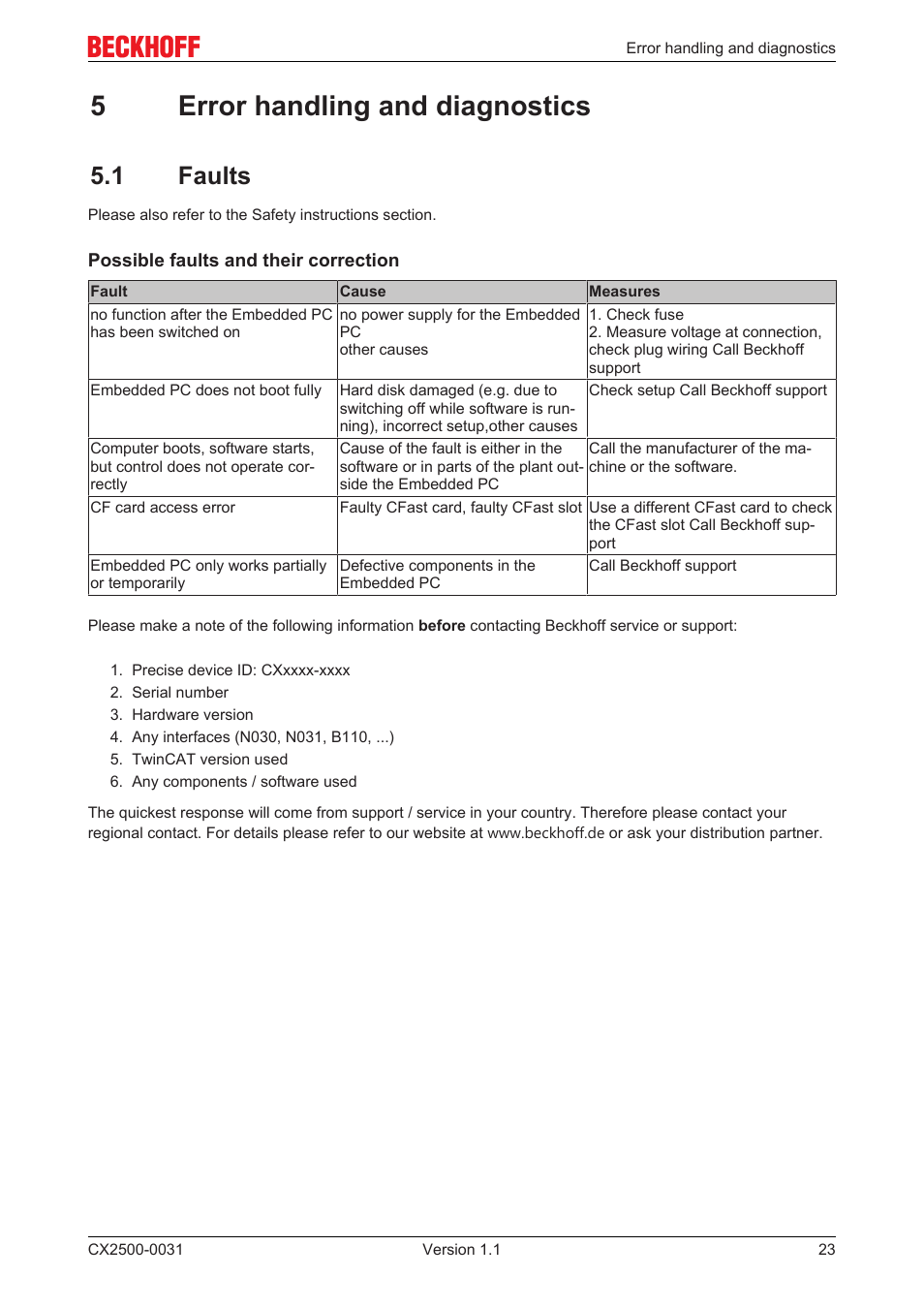 5 error handling and diagnostics, 1 faults, 5error handling and diagnostics | BECKHOFF CX2500­0031 User Manual | Page 23 / 27