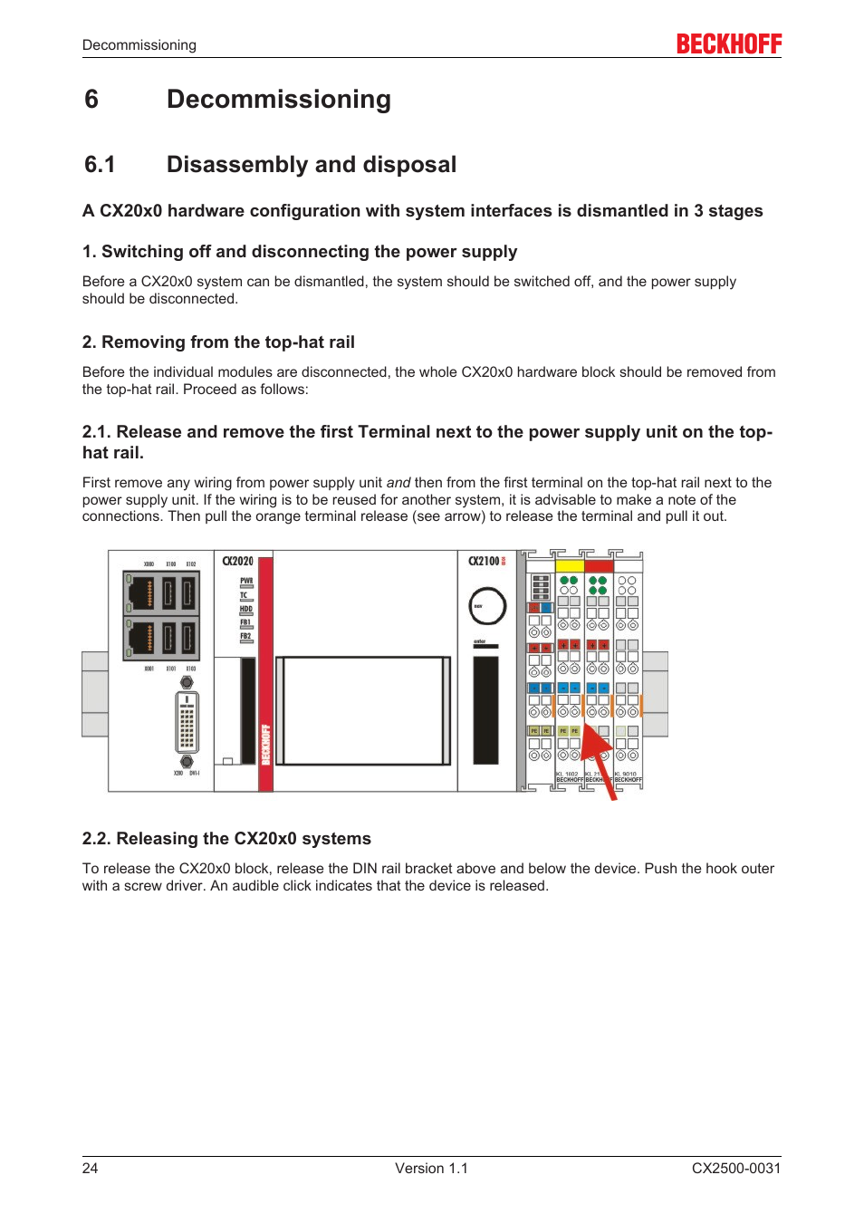 6 decommissioning, 1 disassembly and disposal, 6decommissioning | BECKHOFF CX2500­0031 User Manual | Page 24 / 27