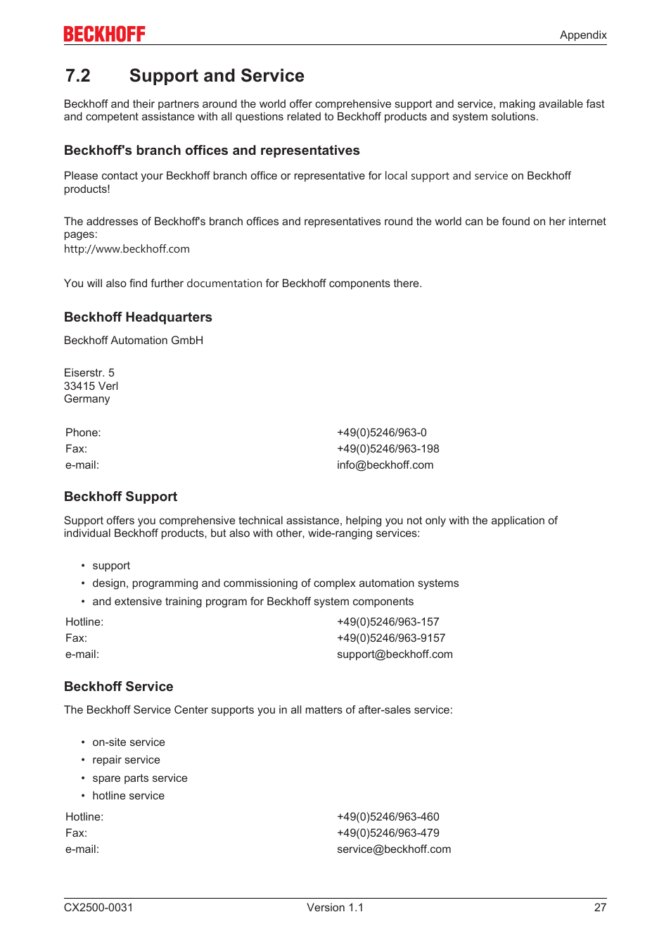 2 support and service | BECKHOFF CX2500­0031 User Manual | Page 27 / 27