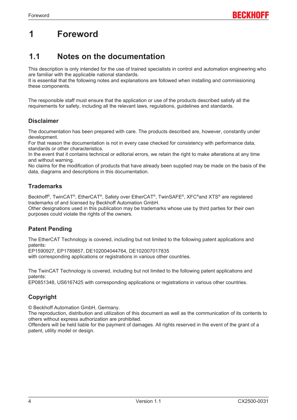 1 foreword, 1 notes on the documentation, 1foreword | BECKHOFF CX2500­0031 User Manual | Page 4 / 27