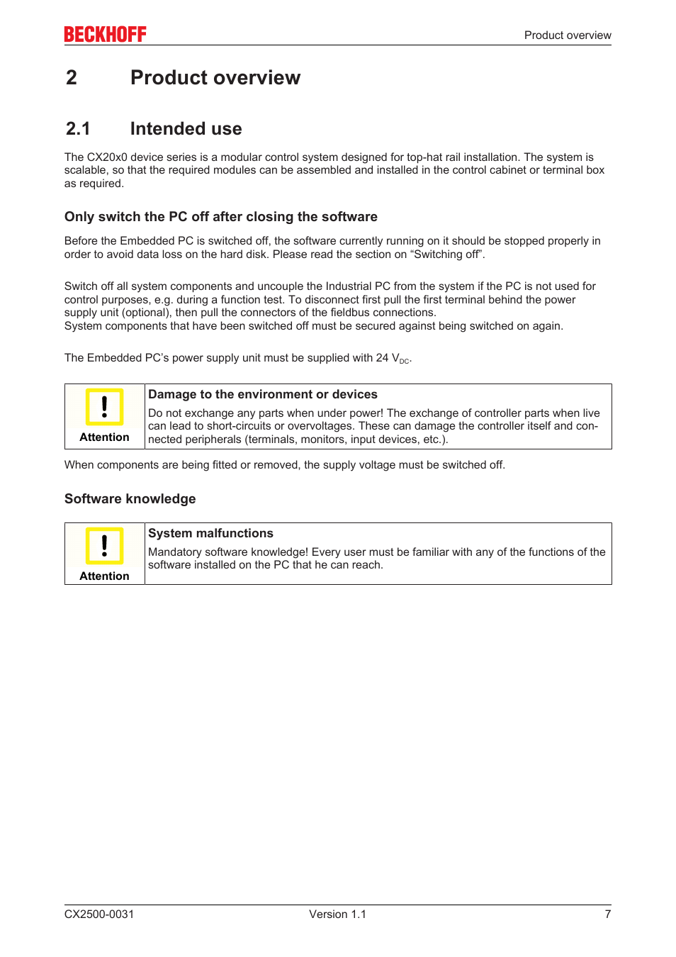 2 product overview, 1 intended use, 2product overview | BECKHOFF CX2500­0031 User Manual | Page 7 / 27