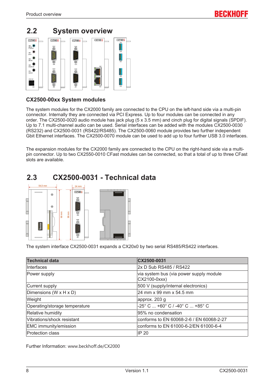 2 system overview, 3 cx2500-0031 - technical data | BECKHOFF CX2500­0031 User Manual | Page 8 / 27