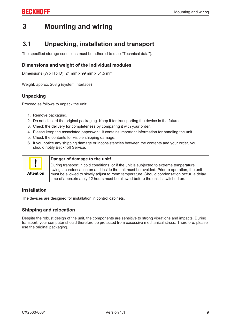 3 mounting and wiring, 1 unpacking, installation and transport, 3mounting and wiring | BECKHOFF CX2500­0031 User Manual | Page 9 / 27