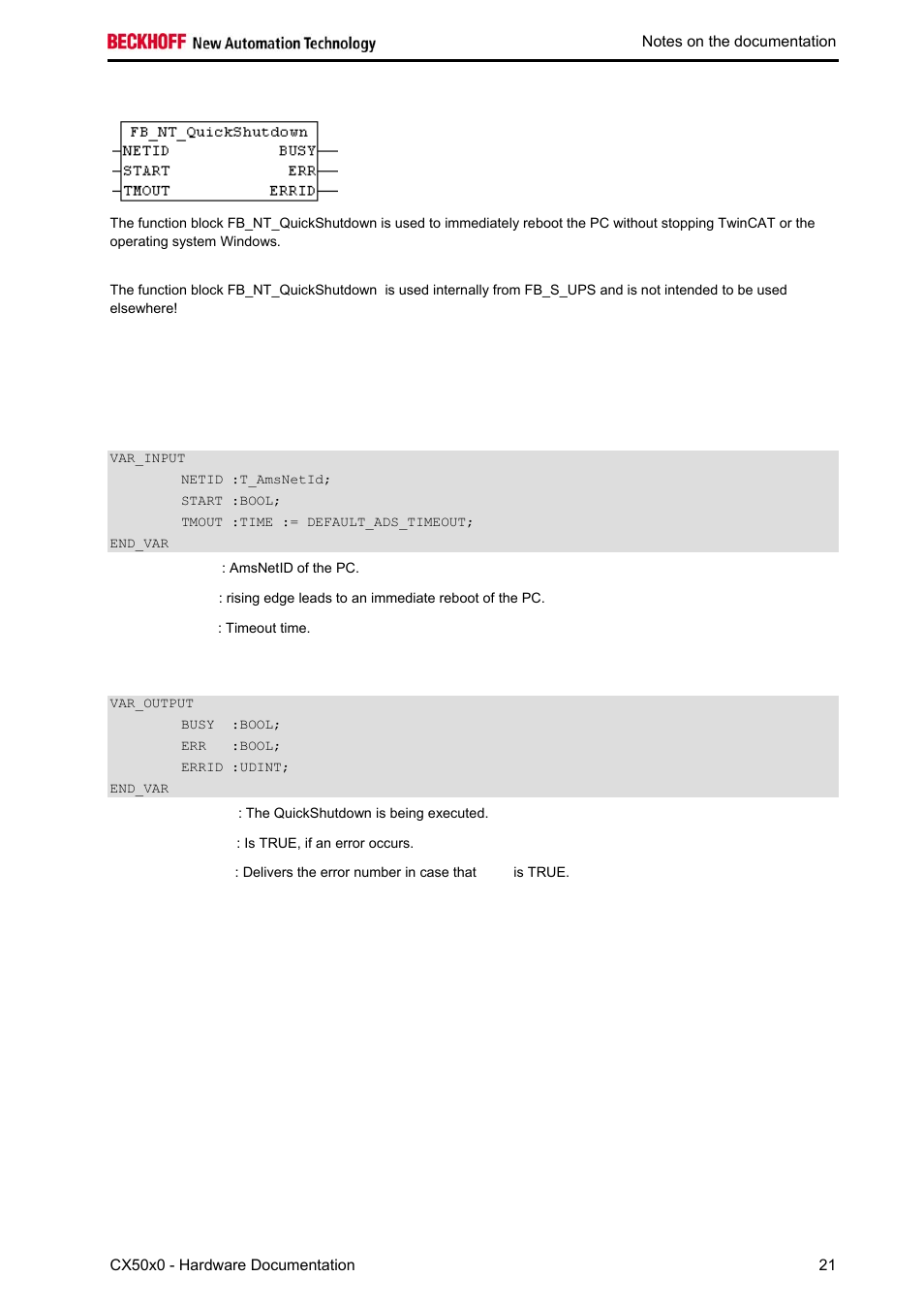 Function_block fb_nt_quickshutdown var_input, Var_output, Function_block fb_nt_quickshutdown | BECKHOFF CX50x0 User Manual | Page 23 / 77