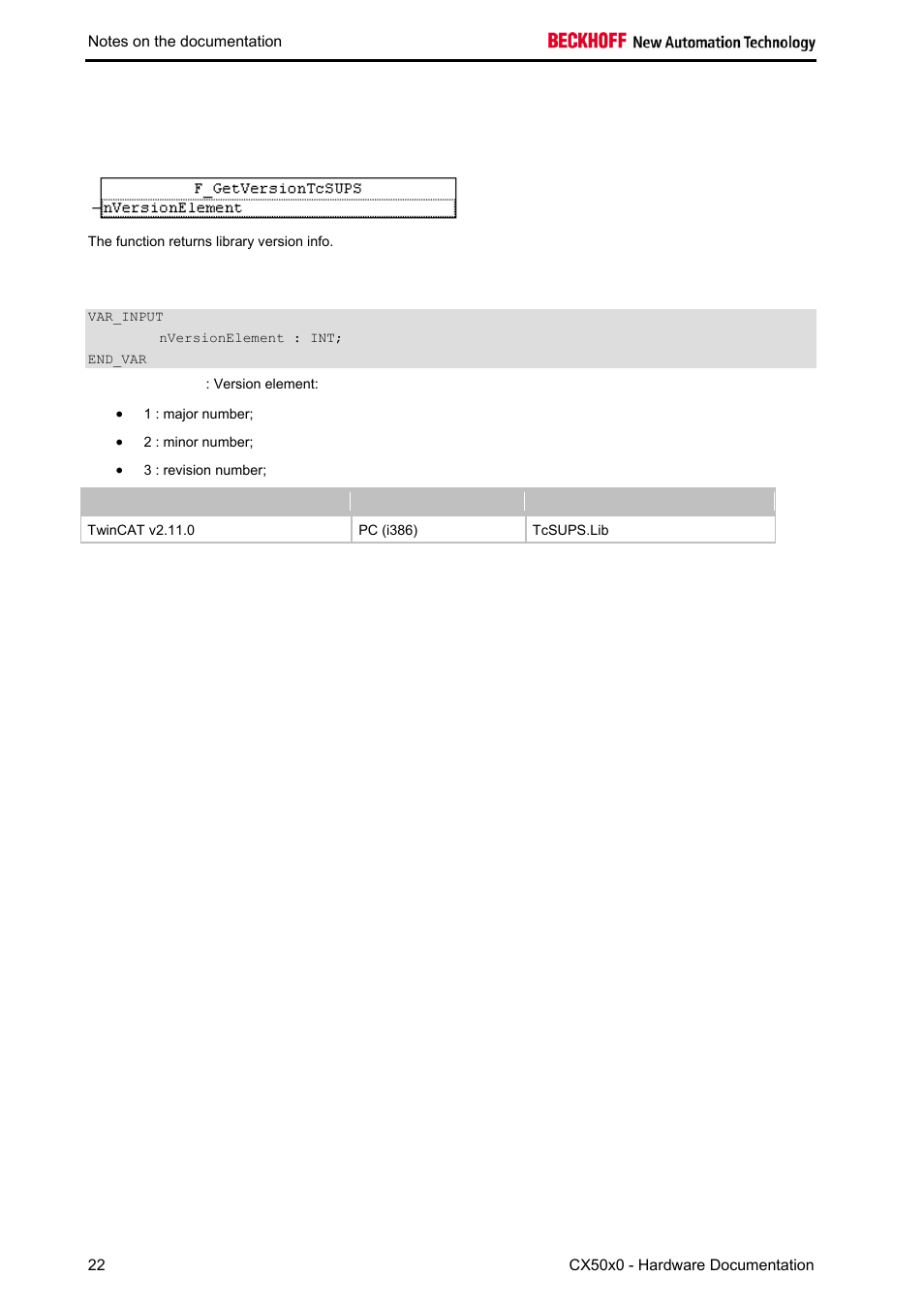 Functions, Function f_getversiontcsups : uint, Function f_getversiontcsups | BECKHOFF CX50x0 User Manual | Page 24 / 77