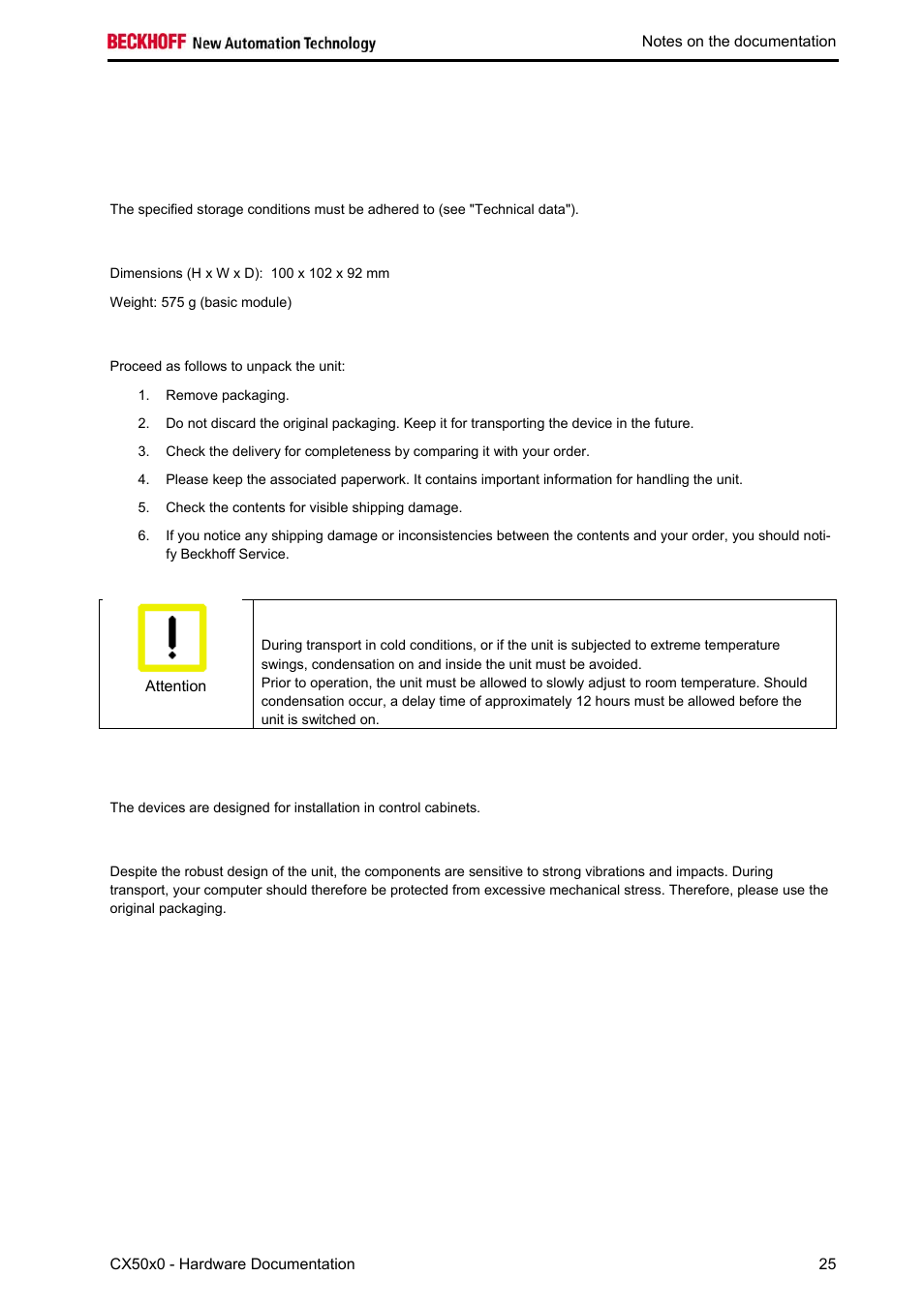 Assembly and connecting, Unpacking, installation and transport | BECKHOFF CX50x0 User Manual | Page 27 / 77